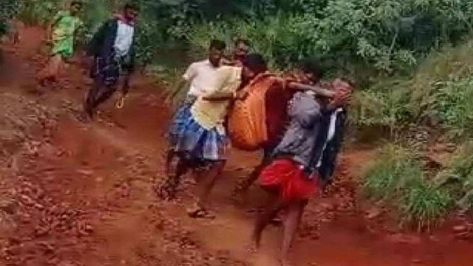 முறையான சாலை இல்லாததால் கர்ப்பிணி பெண்ணை டோலியில் 6 கிமீ தூக்கிச் சென்ற பரிதாபம்