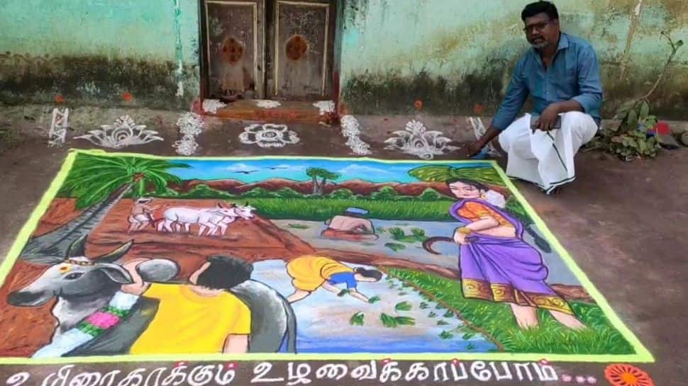 உழவர் தினத்தில் தத்ரூபமான ரங்கோலி ஓவியங்களால் அசத்திய புதுச்சேரி கலைஞர்!