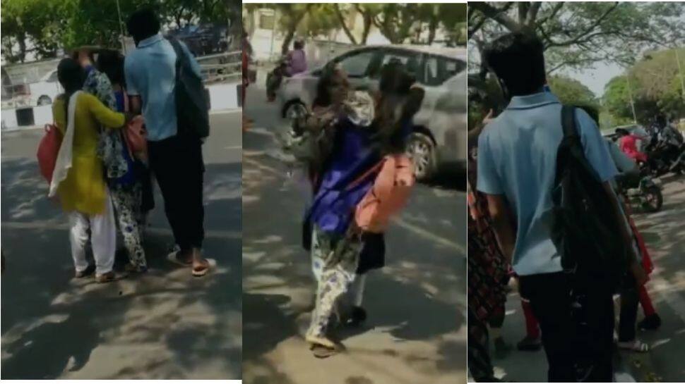 காதல் விவகாரத்தில் சாலையில் சண்டையிட்ட கல்லூரி மாணவிகள்: வைரலாகும் வீடியோ