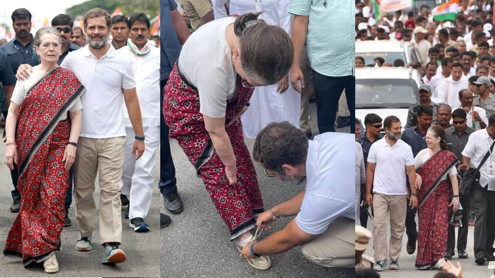 இந்திய ஒற்றுமை யாத்திரை :  தாய்க்கு ஷூ லேஸ் கட்டி விட்ட ராகுல் காந்தி