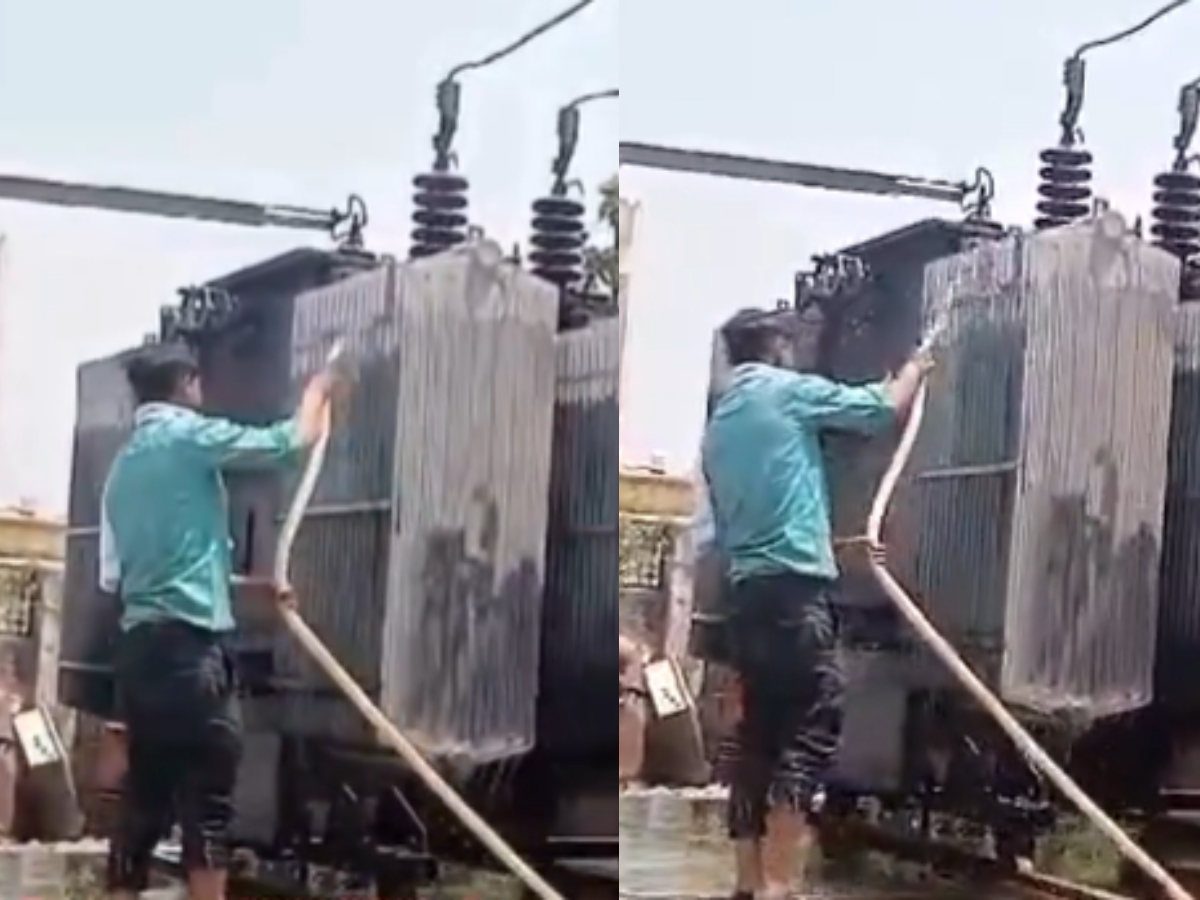 அதிகரித்த வெப்பம்! டிரான்ஸ்பார்மர்களில் தண்ணீர் ஊற்றும் அதிகாரிகள்! வைரல் வீடியோ! அதிகரித்த வெப்பம்! டிரான்ஸ்பார்மர்களில் தண்ணீர் ஊற்றும் அதிகாரிகள்! வைரல் வீடியோ!