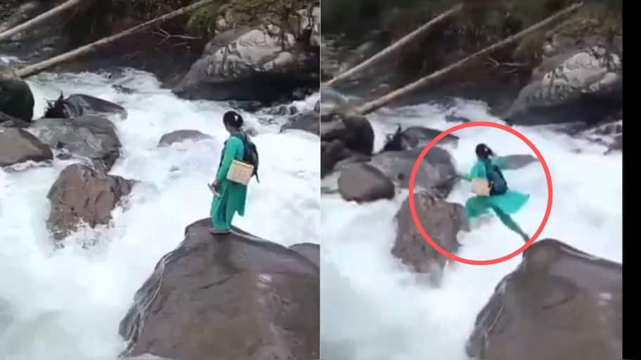 கடும் வெள்ளத்தை தாண்டி குதித்த பெண்..எதற்காக தெரியுமா? வைரல் வீடியோவை பாருங்க..
