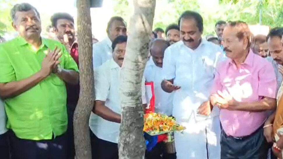 மங்கள வாத்தியம் முழங்க மலர் தூவி மரங்களுக்கு மரியாதை செய்த அமைச்சர்