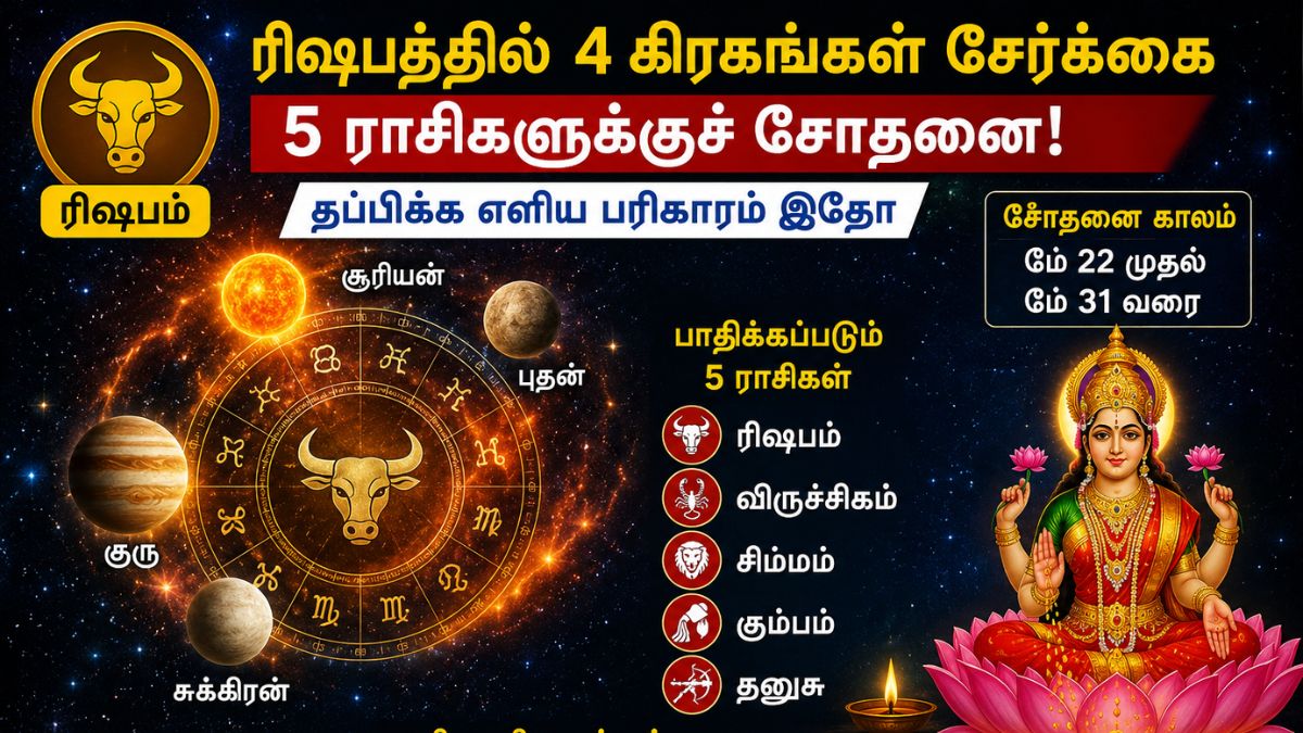 மே மாத இறுதிக்கட்ட ராசிபலன் : ரிஷபத்தில் 4 கிரகங்கள் சேர்க்கை - 5 ராசிகளுக்கு பரிகாரம் மே மாத இறுதிக்கட்ட ராசிபலன் : ரிஷபத்தில் 4 கிரகங்கள் சேர்க்கை - 5 ராசிகளுக்கு பரிகாரம்