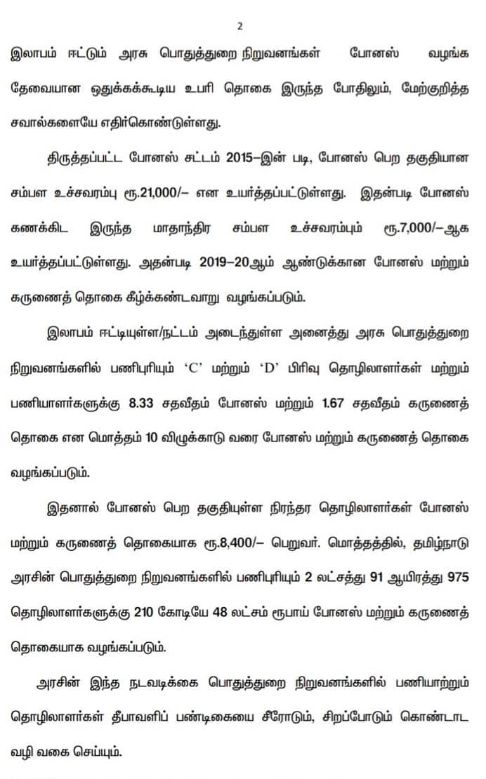 ஊழியர்களுக்கு தீபாவளி போனஸை தமிழ்நாடு அரசு அறிவித்துள்ளது. 