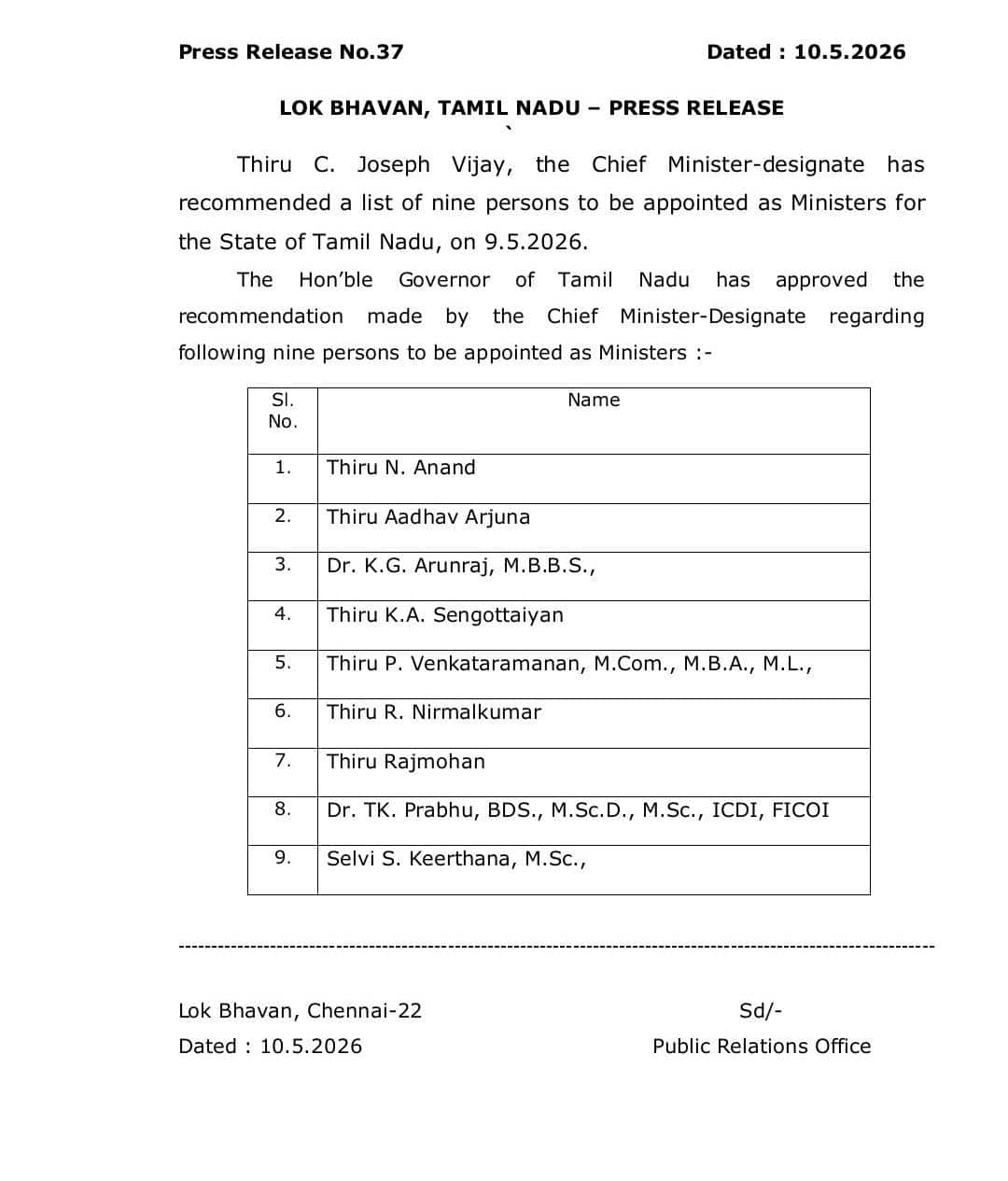 TVK Cabinet List