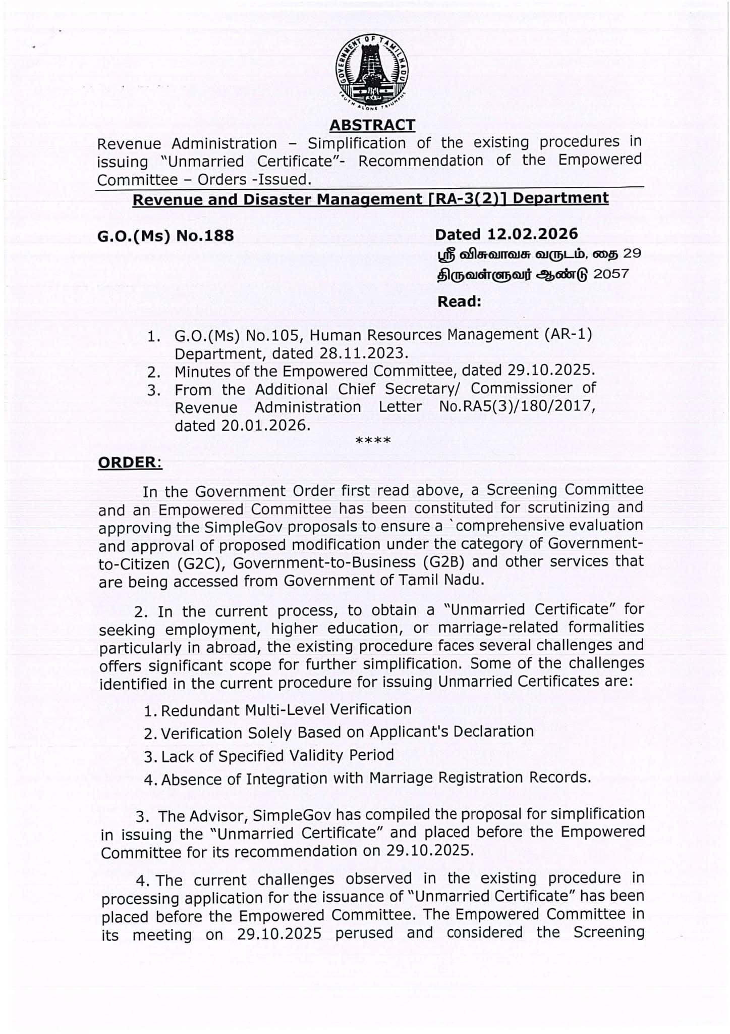 Tamil Nadu Government Makes Unmarried Certificate Process Fully Online ...