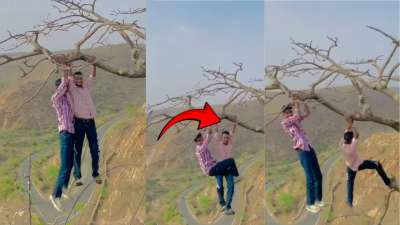 ரீல்ஸ் எடுக்க அந்தரத்தில் தொங்கிய 2 பேர்..கடைசியில் என்ன ஆச்சு தெரியுமா? வைரல் வீடியோ..