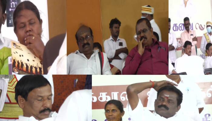 கல்லூரிக் கனா விழா : தாலாட்டிய அமைச்சர், மேடையிலேயே குறட்டைவிட்டு தூங்கிய அதிகாரிகள் 