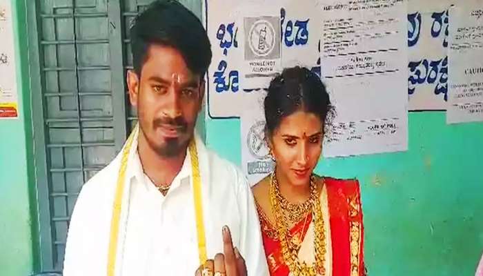 கர்நாடக தேர்தல் 2023: திருமண மண்டபத்தில் இருந்து நேரடியாக வாக்குச் சாவடிக்கு வந்த புதிய மணமக்கள்