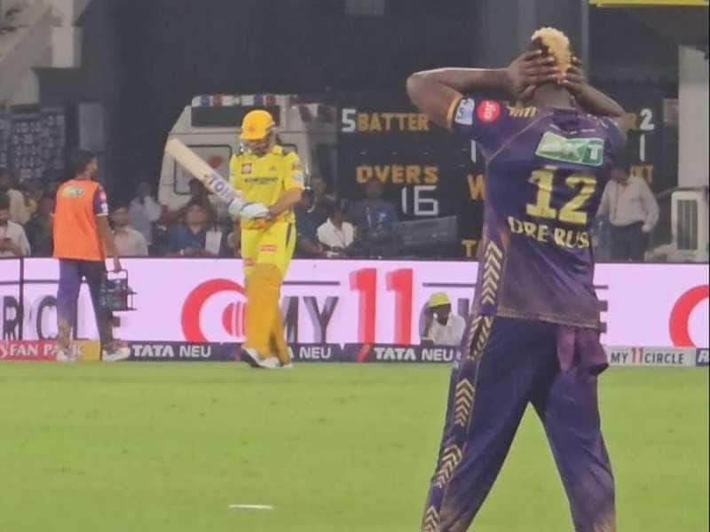 CSK vs KKR: தோனி உள்ளே வரும் போது சத்தம் தாங்க முடியாமல் காதை மூடிய ரஸ்ஸல்!