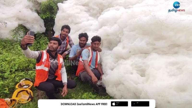 Foam gatheres like mountain because of water from Kelavarapalli Dam